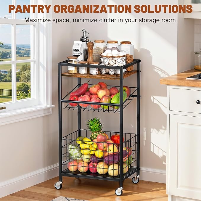 Fruit Vegetable Cart, 3-Tier Snack Cart on Wheels & Wood Top, Brown | Vegetable Rack For Kitchen, Kitchen Cart Organizer for Fruit, Vegetables, Potato, Snack - Image 5