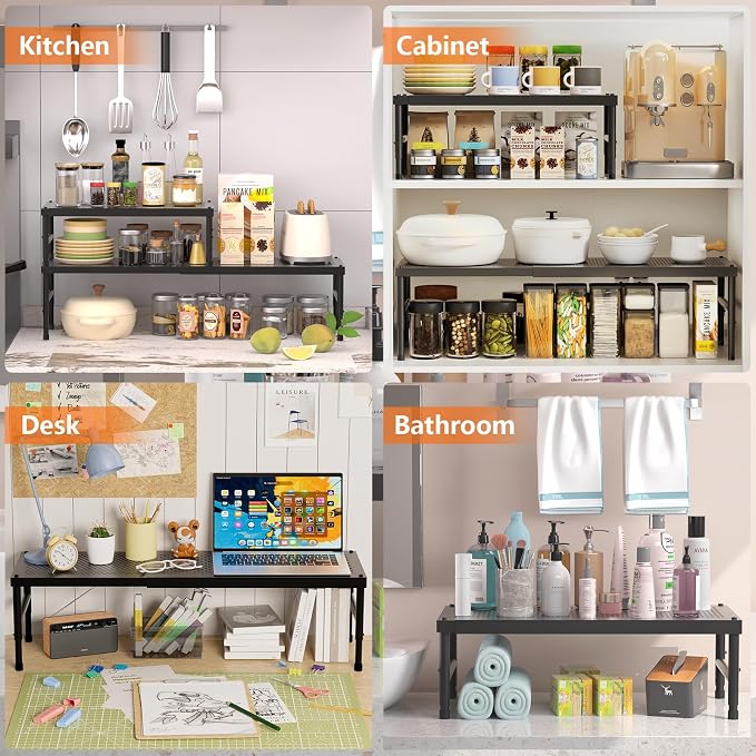 2 Pack Expandable adjustable stackable kitchen cabinet organizer,spice rack | Counter Shelf for Cabinets,Small Cupboard Organizers,Heavy Duty Metal Pantry Storage Shelves Racks for kitchen,bathroom - Image 6