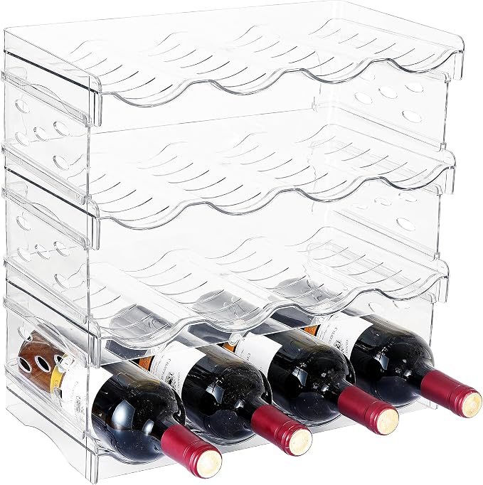 Plastic Stackable Bottle Storage Holder Rack Holds 16 Bottles,Free-Standing Water Bottle/Wine and Drink Organizer Shelf for Kitchen Cabinet,Fridge,Countertop,Pantry,Freezer,4 PackX4 Bottles,Clear by IEEK