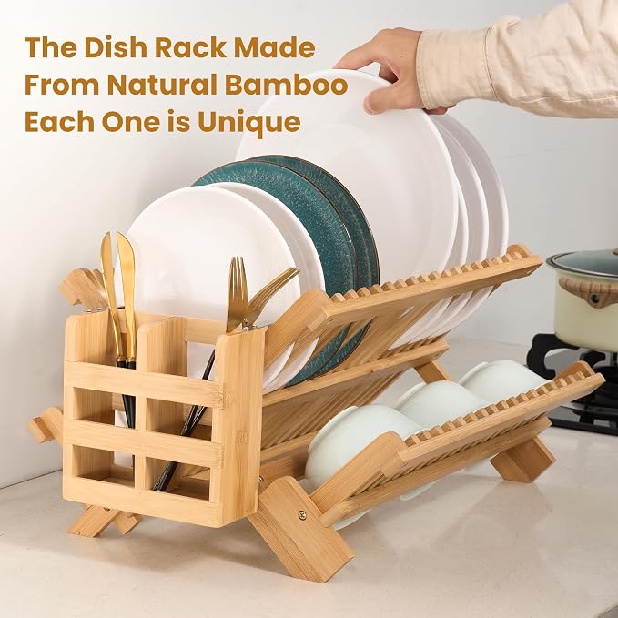 NOVAYEAH Bamboo Wooden Dish Rack, Wooden Dish Drying Drainer Rack | 3-Tier Collapsible Large Dish Drying Rack Holder for Kitchen Counter, Plate Holder Organization with Utensils Flatware Holder - Image 2
