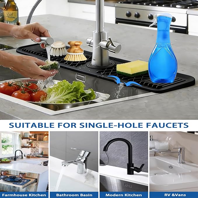 24 Inch Silicone Faucet Mat for Kitchen Sink, 7° Slope Fast Self-Draining Sink Splash Guard, Kitchen Sink Water Catcher Organizer, Kitchen Sink Accessories (Black, 24''x5.6'') - Image 2