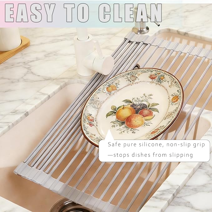 Roll up Dish Drying Rack Silicone Wrapped Stainless Steel 17in x 13in, Grey - Image 3