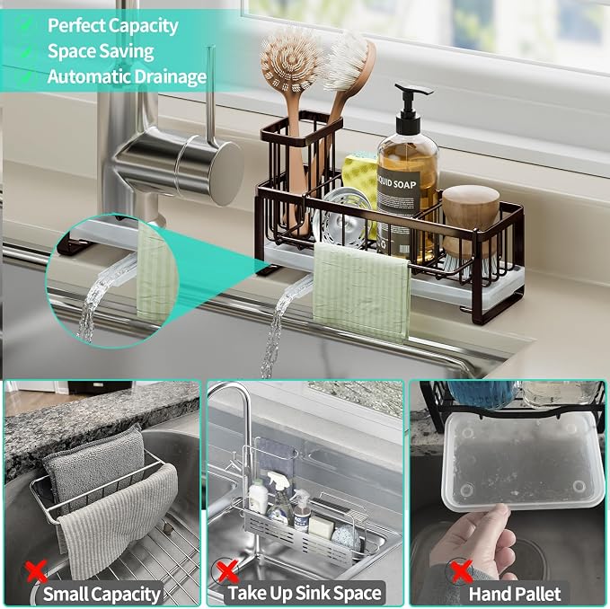 HapiRm Sponge Holder for Kitchen Sink - Self-draining Sink Caddy with Brush and Dishcloth Holders, Stainless Steel Kitchen Organizer for Countertop - Bronze - Image 7
