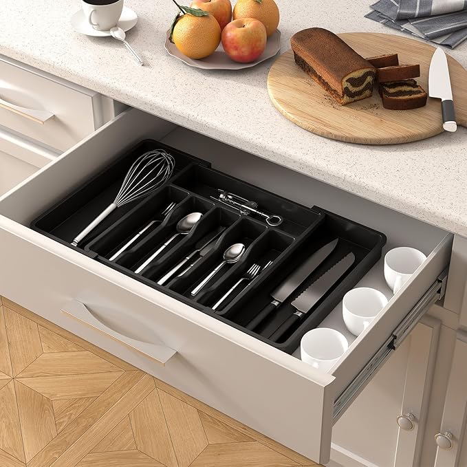 Lifewit Extra Large Silverware Drawer Organizer, Expandable Utensil Tray | BPA Free Flatware Cutlery Holder for Kitchen, Adjustable Plastic Storage for Spoons Forks Knives, 13-22 x15, Black - Image 8