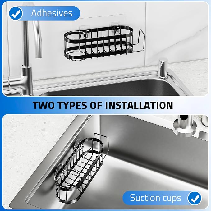 Cisily Sponge Holder Smiley Face, Sink Caddy for kitchen Sink, Kitchen Organizer Sponge Holder with 2 PCS Suction Cups and Adhesive Strips, Designed for Sponge, Soap, Dish brush, Scrubber-Black - Image 5