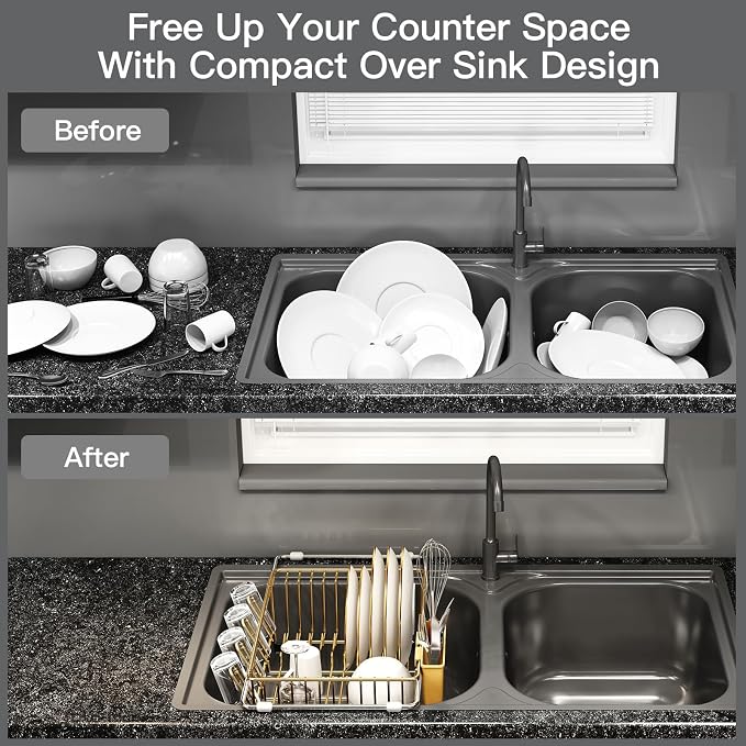Gold Dish Drying Rack Over Sink with Utensil Holder, Drainboard | Expandable Stainless Steel Dish Drainer for Small Kitchen, Apartment, RV, Counter Space Saving, Perfect Fit, Rustproof - Image 2