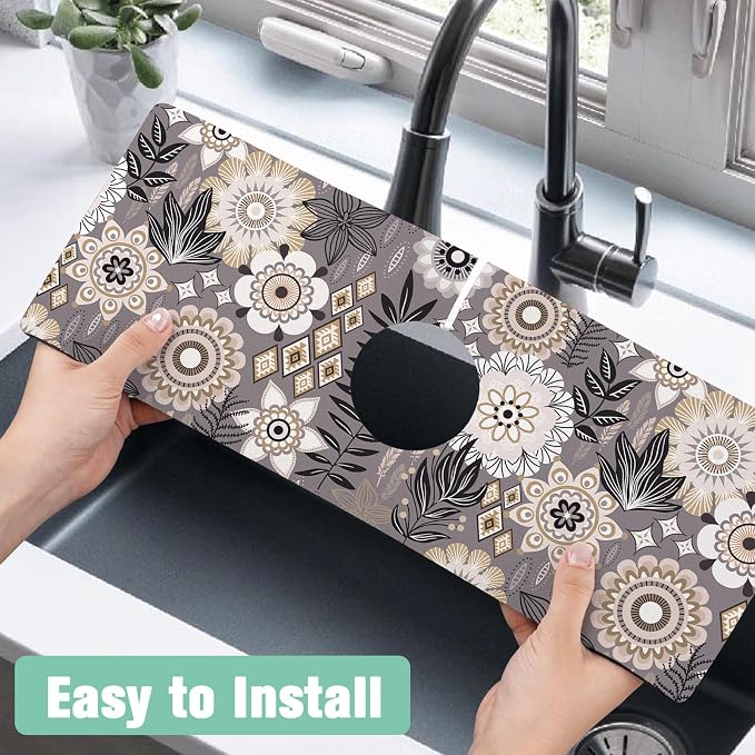 Kitchen Sink Splash Guard Faucet Mat 15" X 5.5" Boho Floral Absorbent Fast Drying Mat Faucet Draining Mat Sink Splash Guard Behind Faucet Drip Catcher for Kitchen Bathroom - Image 4