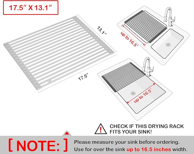 17.5 x 13.1 Inch Roll-Up Dish Drying Rack, Fits Across Sink Openings up to 16.5 Inches, Heavy-Duty Premium Silicone, Strong Support, Non-Slip, Heat-Resistant, Warm Gray - Image 2