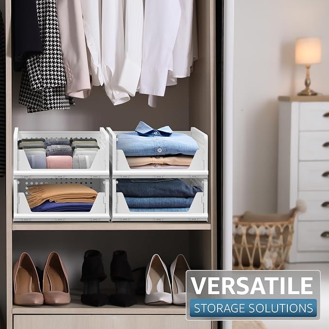 Sorbus 4 Pack Folding Closet Shelf Organizer for Clothes, Versatile Stackable Storage Baskets for Closet, Bathroom, Kitchen and Garage with Easy Access Open Front Design, Plastic Organizer Shelves - Image 5