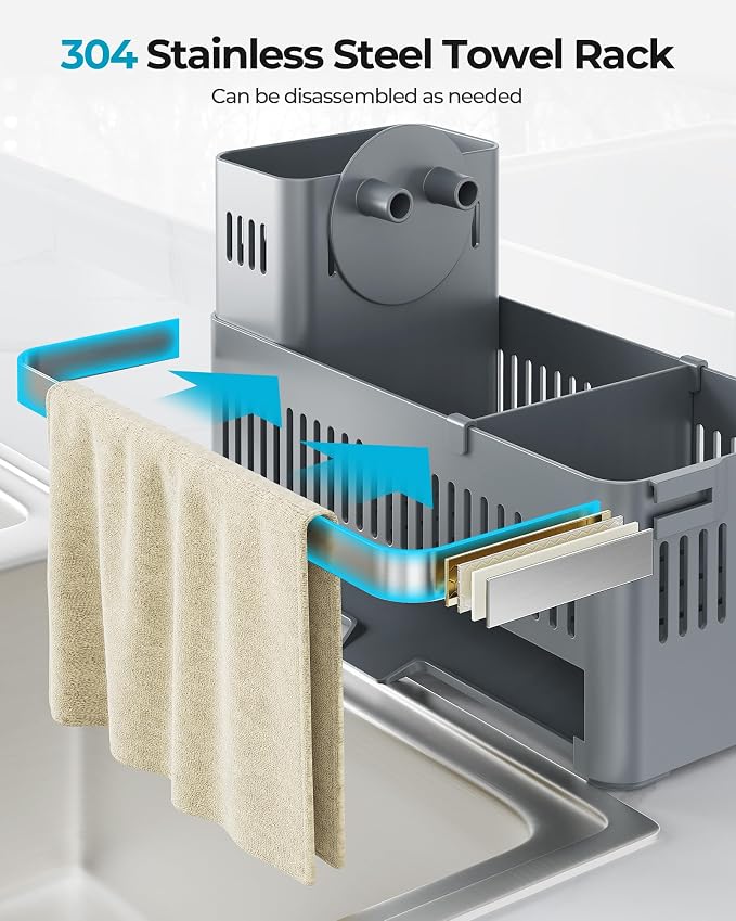 Nieifi Sponge Holder, Grey Rustproof ABS Sink Caddy with Towel Rack | Smiley Sponge and Brush Holders with Drainage to Keep Items Dry. 10"L x 4.5"D. Kitchen Counter Organizer & Essential Storage. - Image 5
