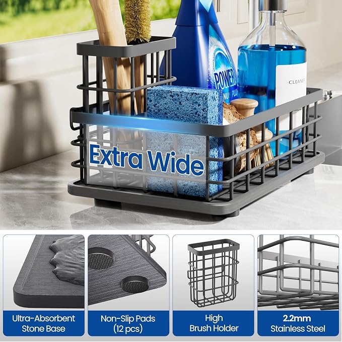 Kitchen Sink Organizer, Large Sink Caddy with Sponge Holder & Diatomite Mat | Cleaning Supplies in One Place, Kitchen Countertop Organizer, Home Essentials, Brush Holder, Quick Dry Tray, Fewer Puddles - Image 4