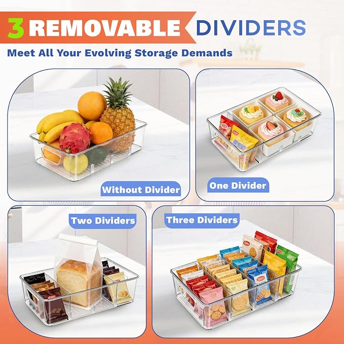 Stackable 4-Compartment Pantry Organizers and Storage, Clear Plastic Storage Bins with Removable Dividers Suitable for Pantry, Office, Kitchen, Cabinet & Fridge Organization, 2-Pack - Image 4