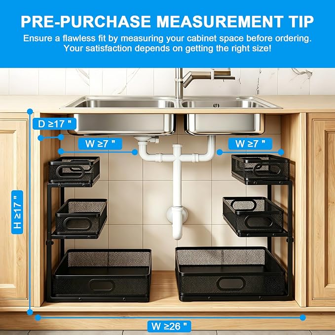 Thickened Meta 3-Tier Pull Out Under Sink Organizer 2 Pack | Height Adjustable Slide out Storage Drawer Rack for Kitchen Bathroom Home Organization| 35% More Storage Capacity - Image 5