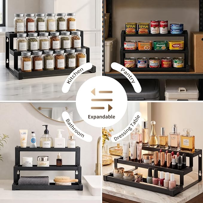 Expandable Spice Rack Organizer for Cabinet, Supports 17.6 lbs Per Tier | Expandable 16"-29", Anti-Separation Sliding Design, 3-Tier mental shelf, Organizes Jars, Bottles & Seasonings, Easy Assembly - Image 6