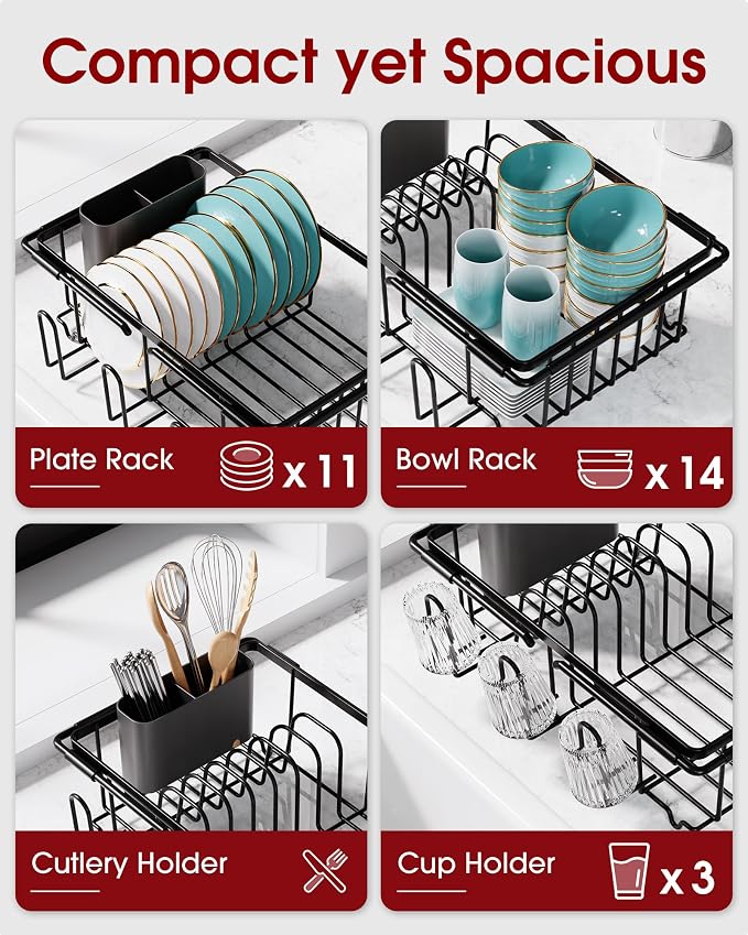 Sakugi Dish Drying Rack in Sink - Expandable Stainless Steel Dish Rack Over The Sink, Kitchen Sink Drain Strainer with Cutlery Holder & Cup Holders, 15.4 x 11.3 x 6.6 Inch, Black - Image 3