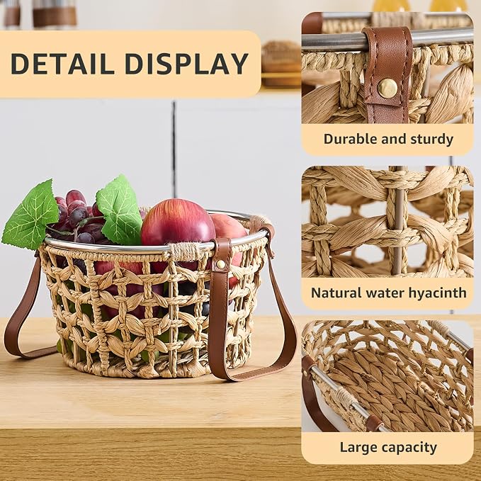 Farmhouse Wicker Egg Basket for Collecting Fresh Eggs, Round Storage Basket with Handle, Brown, Sea Grass - Image 4