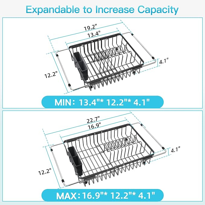 JASIWAY Gray Dish Drying Rack Over the Sink with Utensil Holder | Expandable Stainless Steel Dish Driainers for Small Kitchen, Apartment, Counter Space Saving, Fast Drain, Rust Resistant - Image 4