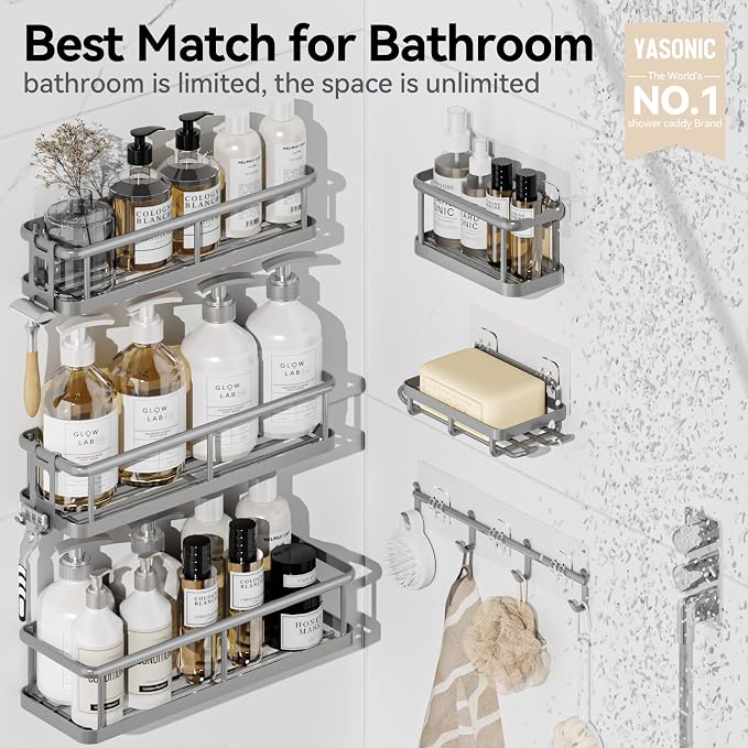 Shower Caddy Adhesive, Rustproof Shower Organizer with Soap Holder, Large Capacity Shower Shelves for Inside Shower, No Drilling Bathroom Organizers and Storage for Home Decor（6 Pack Grey） - Image 2