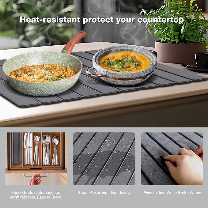 Large Diatomite Kitchen Counter Drying Mat – 24”x16”, Aesthetic Stone Mat for Dishes, Roll-Up Space-Saving & Quick-Drying Stone Rack - Image 3