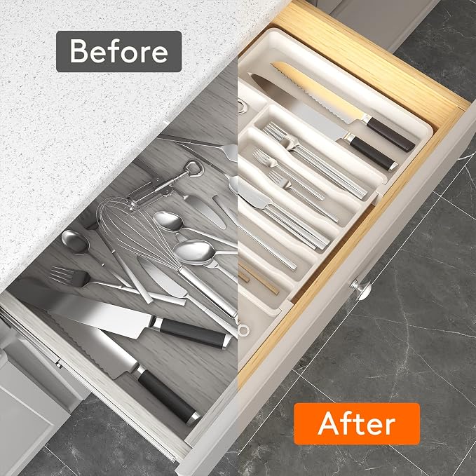 Lifewit Extra Large Silverware Drawer Organizer, Expandable Utensil Tray | BPA Free Flatware Cutlery Holder for Kitchen, Adjustable Plastic Storage for Spoons Forks Knives, 13-22 x15, White - Image 4