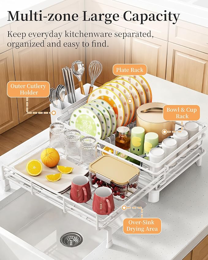 SAYZH Expandable Dish Drying Rack for Kitchen Counter, Metal, White | Foldable Over Sink, Large Capacity, Rust-Resistant, Adjustable for Most Sinks, Automatic Drainage, Removable Utensil Holder - Image 4