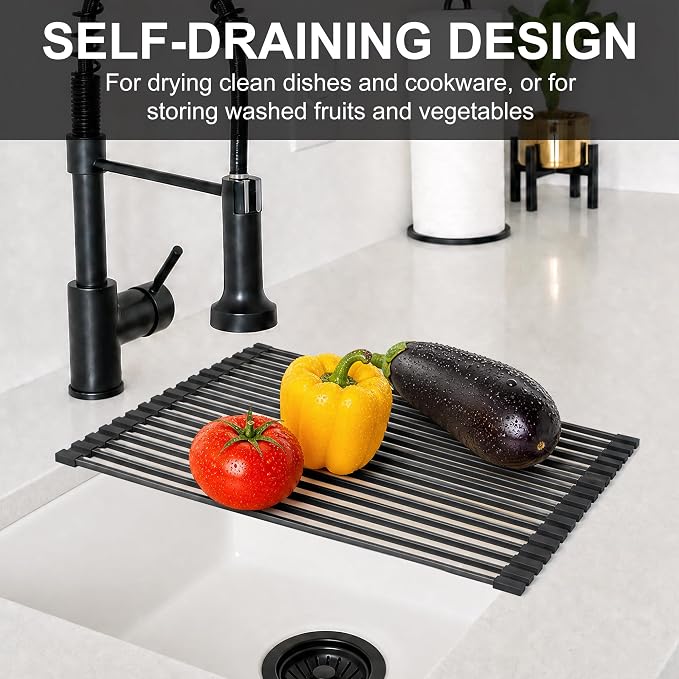 Roll Up Dish Drying Rack 11.42" x 17.72" 15 Tube Kitchen Sink Rack Over the Sink Dish Drying Rack Stainless Steel Dish Rack Heat-Resistant Dish Drainer, Black - Image 3