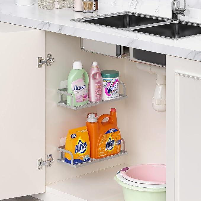 PUSDON 2-Pack Wide Hollowout Shower Caddy & Spice Rack, Wall Mount Bathroom Organizer with Mesh Bottom, Easy Access Cabinet Door Shelf Holds 50LBS - Silver Gray, Hollowout - Image 7