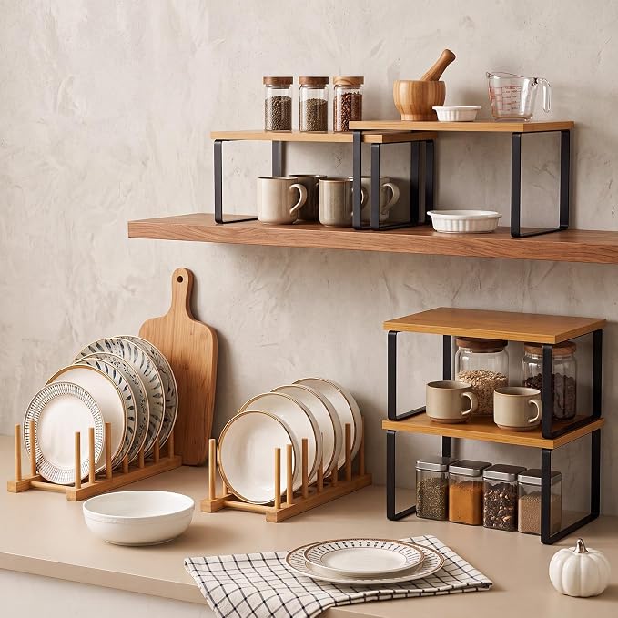 8 Pcs Kitchen Organizer Accessories Set Stackable Cabinet Organizer Shelf and Bamboo Plate Holder Dish Rack for Plates Bowls Pot Lids Cups Glasses Cutting Boards Countertop Storage(Natural) - Image 4