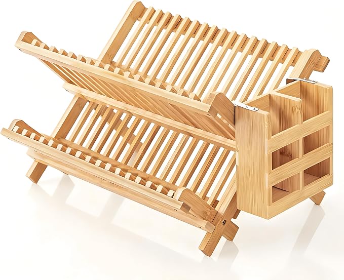 QUEENKAY Dish Drying Rack Collapsible 2-Tier Bamboo Dish Rack for Kitchen Counter Wooden Dish Drainer with Foldable Space-Saving Design for Dishes, Plates, and Cups by QUEENKAY
