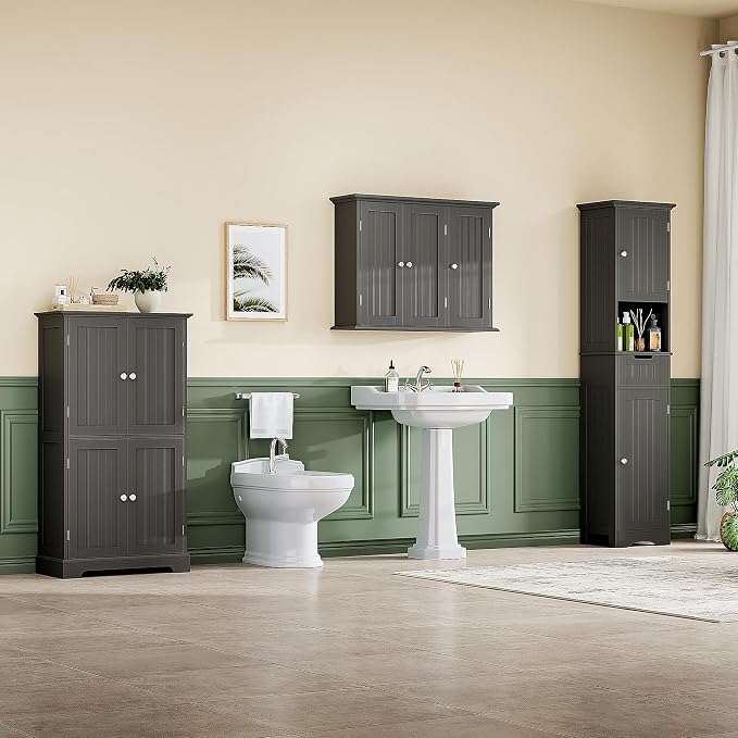 ChooChoo Laundry Cabinet with 3 Doors and Adjustable Shelves | 9.06"D x 31.1"W x 24"H, Bathroom Wall Cabinet, Cupboard, Black - Image 7