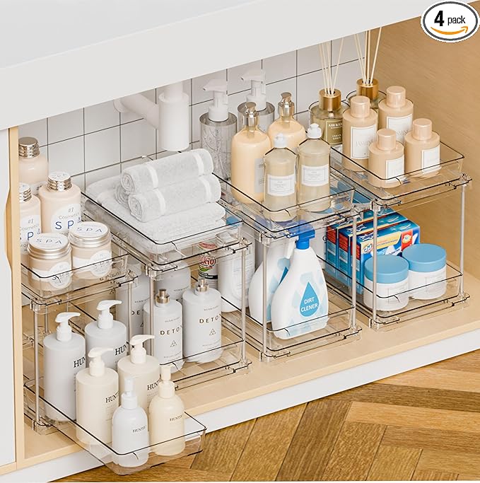 4 Pack Under Sink Organizers and Storage,Clear Acrylic Bathroom Organizer and Cabinet Organization for Makeup,Medicine,Two Tier Pull Out Cabinet Organizer Drawers for Pantry,Vanity Storage Bins by Yieach