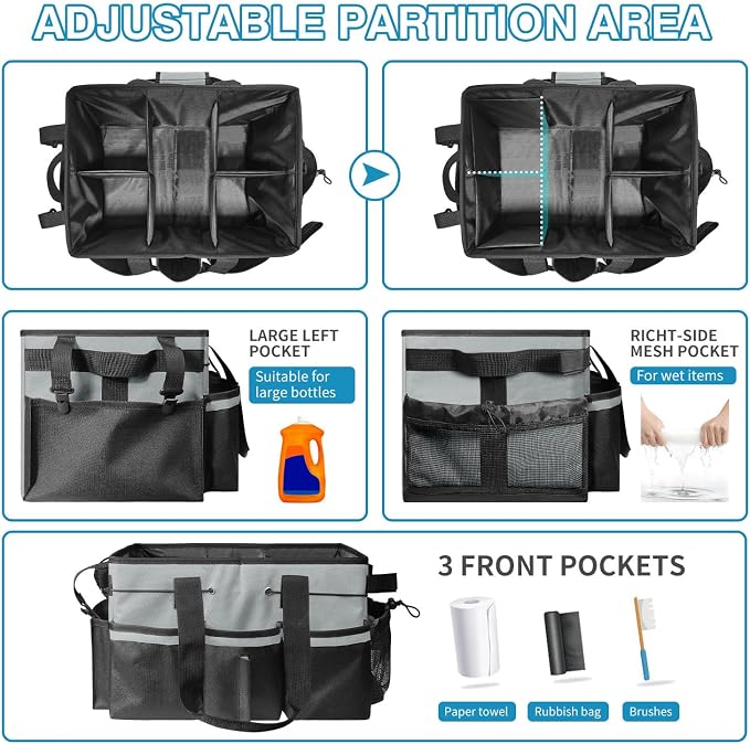 Cleaning Tool Organizer Bag with Handles, Cleaning Caddy, Grey | Cleaning Bag for Housekeepers,Detachable Shoulder Strap & Dividers, for Car Detailing, Housekeeping, Cleaners - Image 3