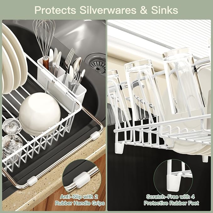 White Dish Drying Rack Over Sink with Utensil Holder, Drainboard | Expandable Stainless Steel Dish Drainer for Small Kitchen, Apartment, RV, Counter Space Saving, Perfect Fit, Rustproof - Image 6