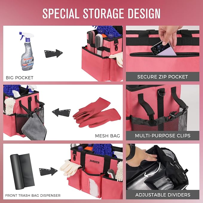 SCAVATA Wearable Cleaning Caddy Bag, Cleaning Caddy Supplies Organizer with Handle & Shoulder Straps for Housekeepers, Under Sink & Car Cleaning Tool Organizers with 4 Foldable Divider (RoseRed) - Image 2