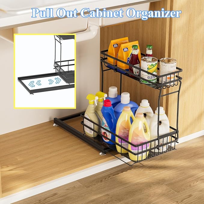 2 Pack Under Sink Organizers and Storage, 2 Tier Pull Out Cabinet Organizer, Metal Sliding Drawer Storage for Kitchen Bathroom，Black - Image 2