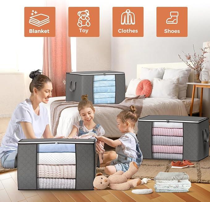 90L Large Storage Bags, 10 Pack Clothes Storage Bins Closet Organizers | Foldable Storage Containers, with Reinforced Handle, for Clothing, Blanket, Comforters, Bed Sheets, Pillows and Toys - Image 4