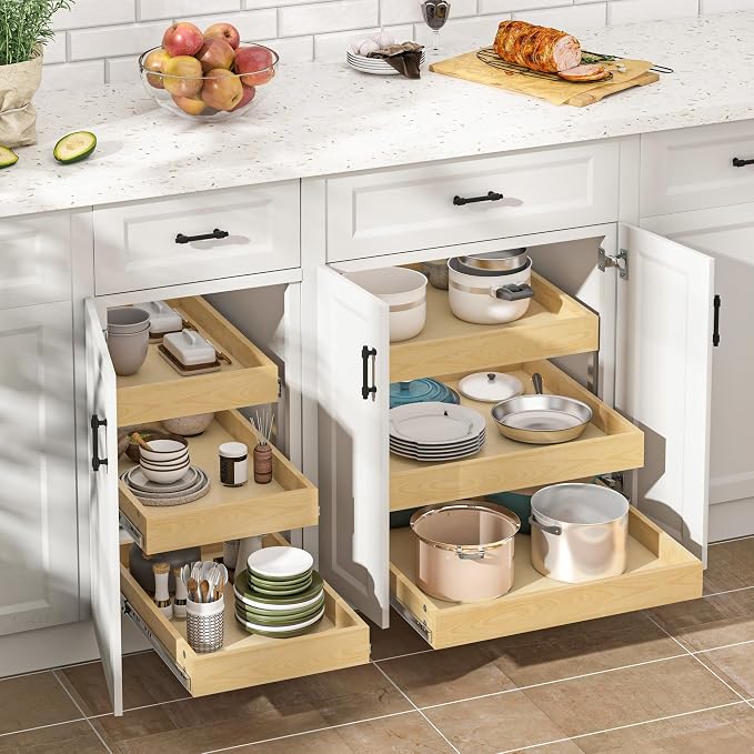 WelFurGeer 3-Tier Pull Out Cabinet Organizer with Soft Close, Heavy-Duty Pull Out Drawers for Cabinets, Slide Out Shelf for Kitchen, Pantry, Bathroom & Under Sink, Solid Birch Wood - Image 2