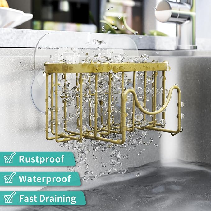 HapiRm Sponge Holder for Kitchen Sink - Unique M-Shaped Sink Caddy | Multifunctional, 2 Installation Ways, Rustproof Stainless Steel Kitchen Organizers and Storage Essentials, Dark Gold - Image 4