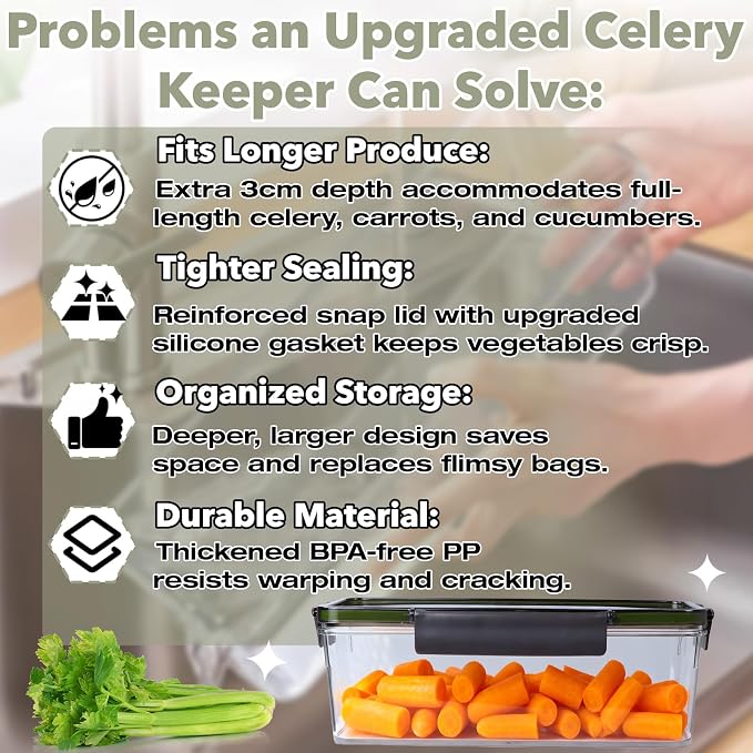 Upgraded Celery Keeper for Refrigerator – 3cm Deeper, BPA-Free Vegetable Storage Container with Reinforced Locking Lid, Durable PP Bin for Fresh Celery, Carrots & Cucumbers - Image 3