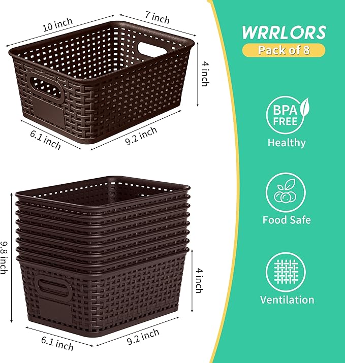 8 Pack Plastic Storage Baskets,Brown Stackable Bins with Lid | 5.3qt Storage Containers with Labels for Organizing Shelves Drawers Desktop Closet Playroom Classroom Office - Image 3