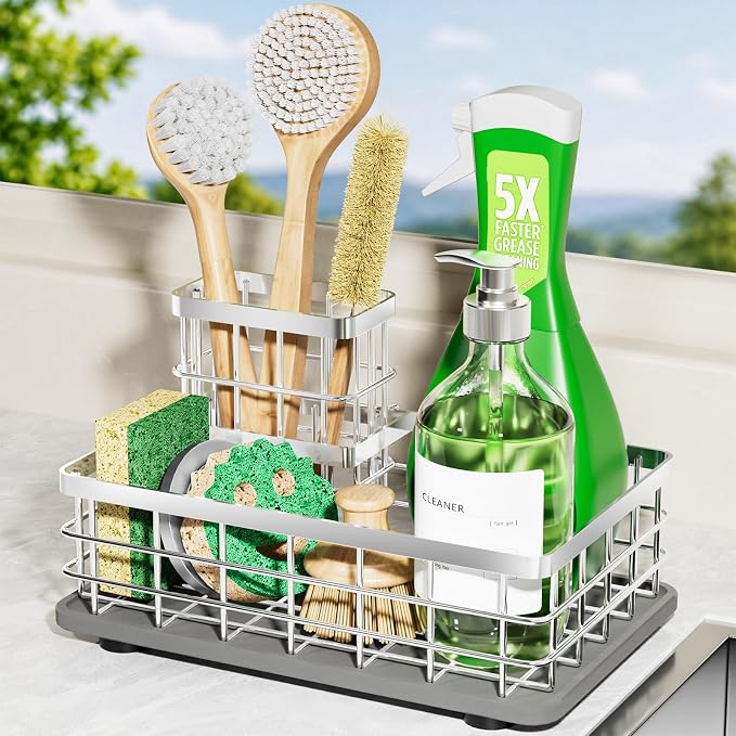 Kitchen Sink Organizer, Large Sink Caddy with Sponge Holder & Diatomite Mat | Cleaning Supplies in One Place, Kitchen Countertop Organizer, Home Essentials, Brush Holder, Quick Dry Tray, Fewer Puddles by HOKEMOM