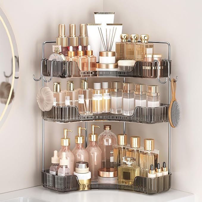 Bathroom Counter Organizer 3-Tier Corner Organizer with Hooks | Gray PET Counter Storage, Multi-Purpose for Bathroom Skincare & Kitchen Organization by Kinkota