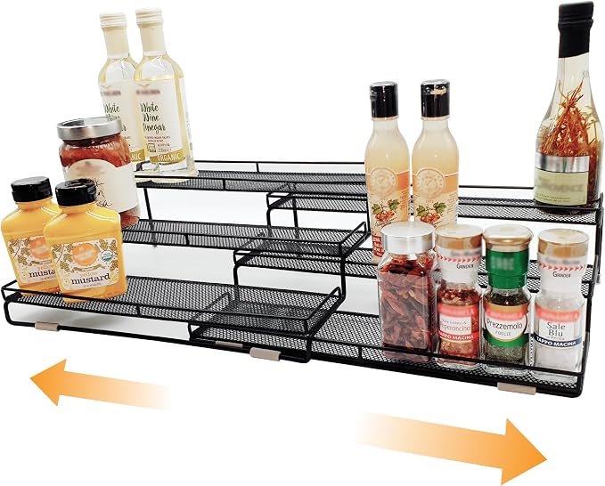 3 Tier Wide Expandable Cabinet Spice Rack Organizer (14.5" to 29.1") - Step Shelf with Protection Railing, Black | Wide, deep expandable spice rack for large spice jars, seasoning bottles, cans, and pantry organization. by DOTORYDESIGN