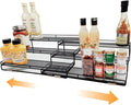 3 Tier Wide Expandable Cabinet Spice Rack Organizer (14.5" to 29.1") - Step Shelf with Protection Railing, Black | Wide, deep expandable spice rack for large spice jars, seasoning bottles, cans, and pantry organization. by DOTORYDESIGN