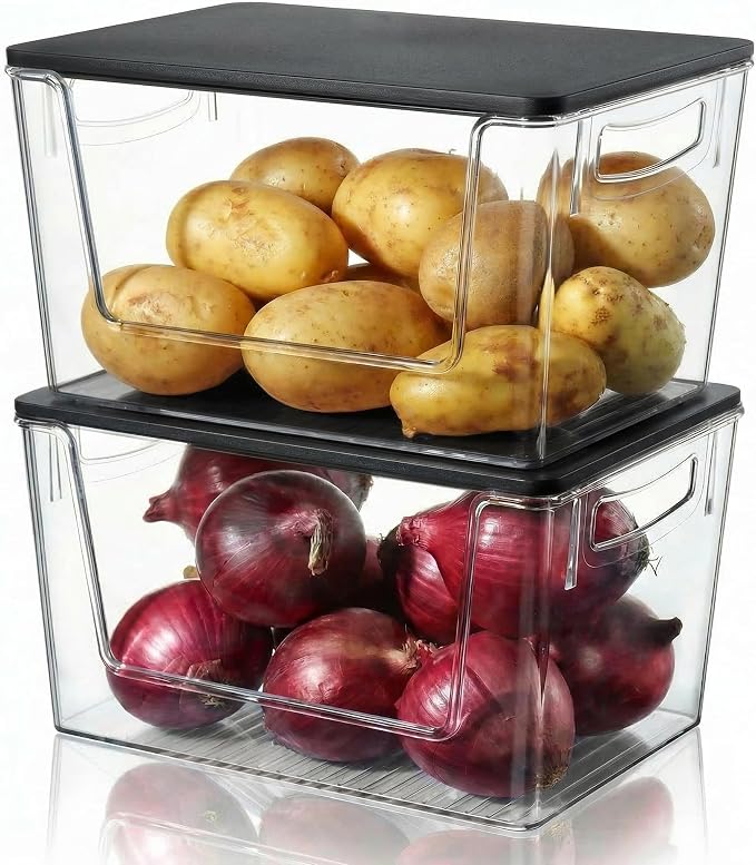 Heyuzb Pantry Organizers Storage, 2 Pack Large Clear Storage Bins with Bamboo Lids for Onion, Potato, Garlic, Canned Food, Organizer Bins for Under Sink, Kitchen, Countertop, Bathroom by HEYUZB