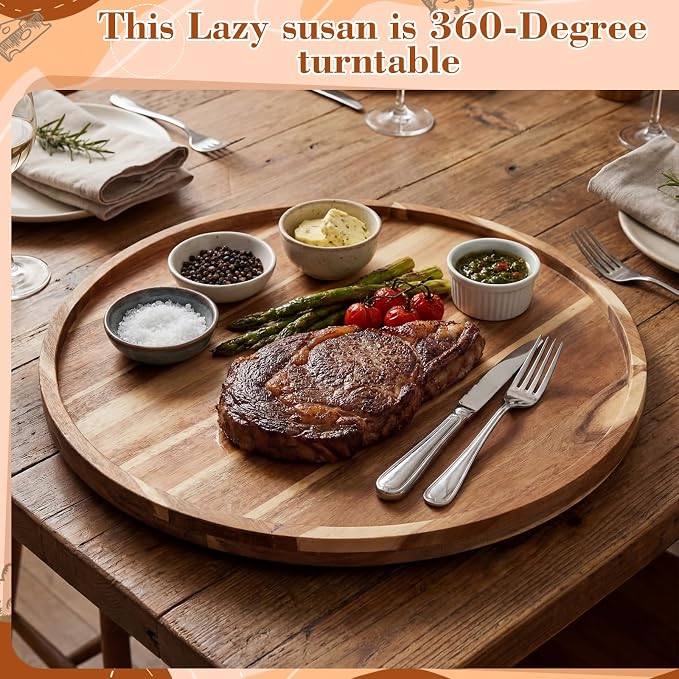 24'' Wood Lazy Susan for Countertop Acacia Large Turntable Rotating Serving Tray for Table Top Non Skid Kitchen Tray Revolving Condiment Spice Rack Table Organization Storage, Natural - Image 2