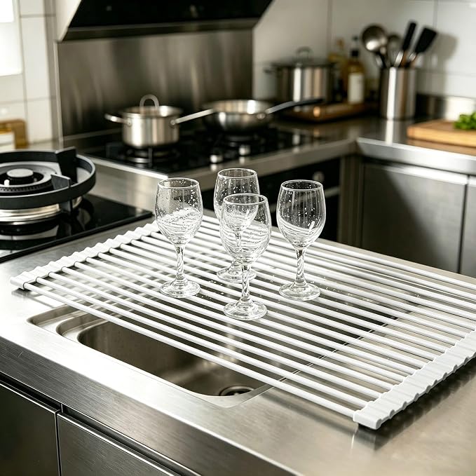 Ahyuan Large Roll up Dish Drying Rack Silicone Foldable Rack Over Sink Dishes Drainer Roll-up Sink Drying Racks Full Silicone Coated Stainless Still Dish Drying Rack (Warm Grey, 17.7''X13.13'') - Image 4