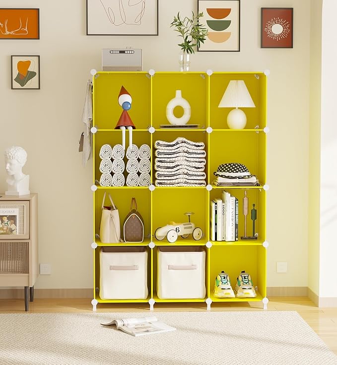 AWTATOS Cube Storage Organizer Closet Organizers 12 Cube Storage Shelves | Protable Closet for Kids DIY Stackable Cube Shelves Bookshelf Clothes Organizer for Bedroom, Home, Yellow - Image 2