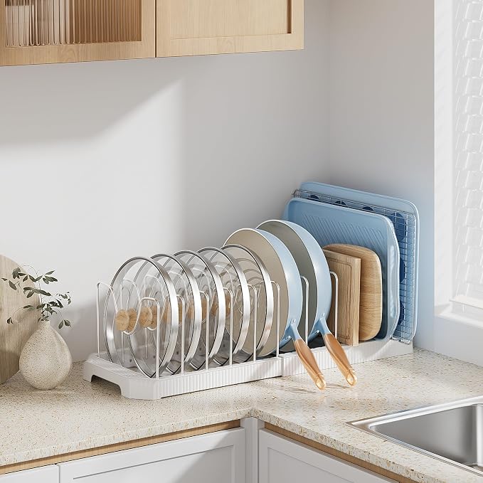 MUDEELA Pots and Pans Organizer under Cabinet, Pan Pot Organizer Inside Cabinet, Expandable 12.9''-21.88'' Pot Lid Organizer Holder with 12 Adjustable Dividers for Cutting Boards, Pan Lid Rack, White - Image 4