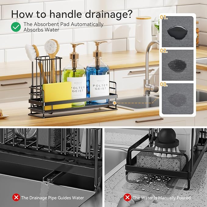 Yofidra Sink Caddy With Stone Drying Tray: Stainless Steel Soap Dispenser Kitchen Sink Organizer Set, Sponge Holder Counter Accessories Decor for Kitchen Organizers and Storage 8.1x3.5x4.5 in Black - Image 3